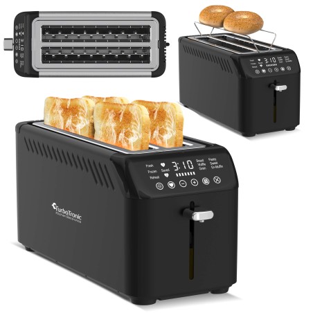 Toster TurboTronic na 4 kanapki opiekacz do tostów grzanki kromek 1600w 7 poziomów opiekania cyfrowy wyświetlacz Czarny