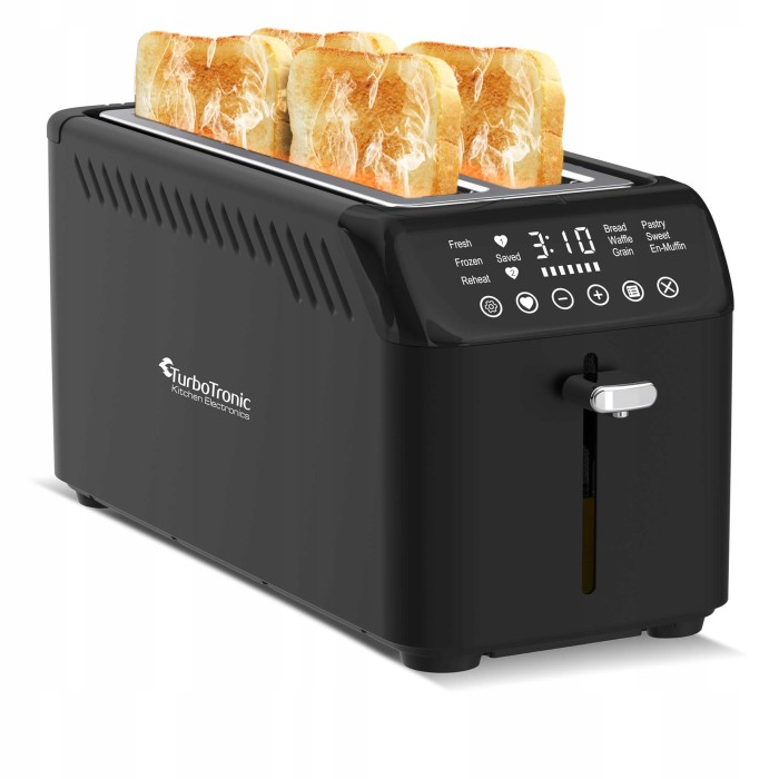 Toster TurboTronic na 4 kanapki opiekacz do tostów grzanki kromek 1600w 7 poziomów opiekania cyfrowy wyświetlacz Czarny