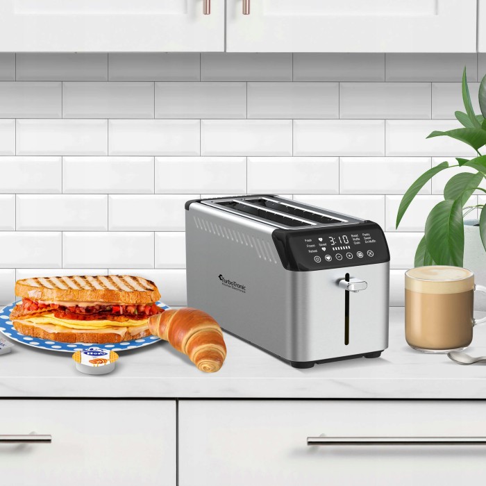 Toster TurboTronic na 4 kanapki opiekacz do tostów grzanki kromek 1600w 7 poziomów opiekania cyfrowy wyświetlacz Srebrny