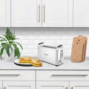 Toster TurboTronic opiekacz kanapek 2 tosty 6 poziomów opiekania do tostów grzanki stalowa obudowa slim 1050w Srebrny