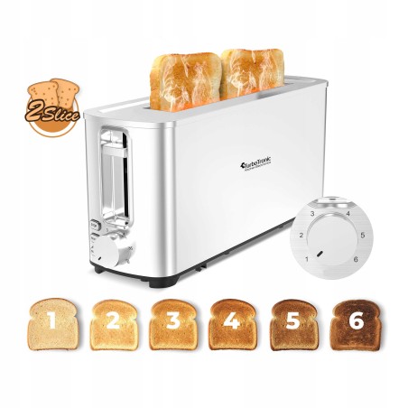 Toster TurboTronic opiekacz kanapek 2 tosty 6 poziomów opiekania do tostów grzanki stalowa obudowa slim 1050w Srebrny