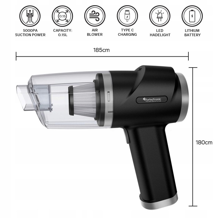 Odkurzacz ręczny samochodowy TurboTronic 2w1 dmuchawa do auta domu LED 5kpa gniazdo USB C Srebrny